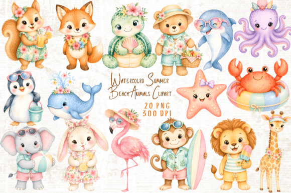 Download Watercolor Summer Beach Animals Clipart - Animals Collection