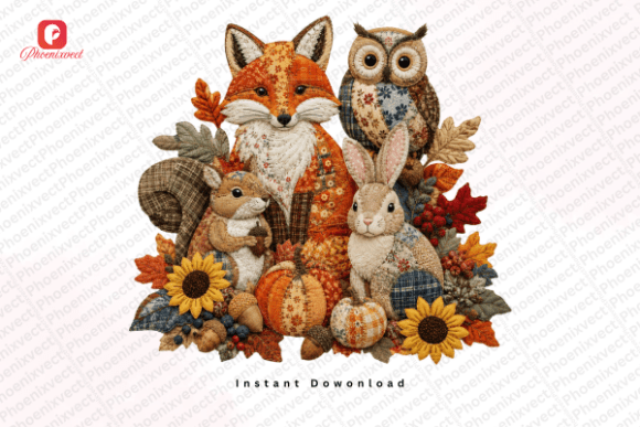 Download Woodland Autumn Patchwork Animals PNG - Animals Collection